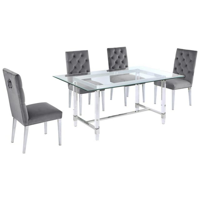 5pc. Set de Repas en Verre de 68 x 40 Po avec 4 Chaises et Acier Inoxydable Argenté