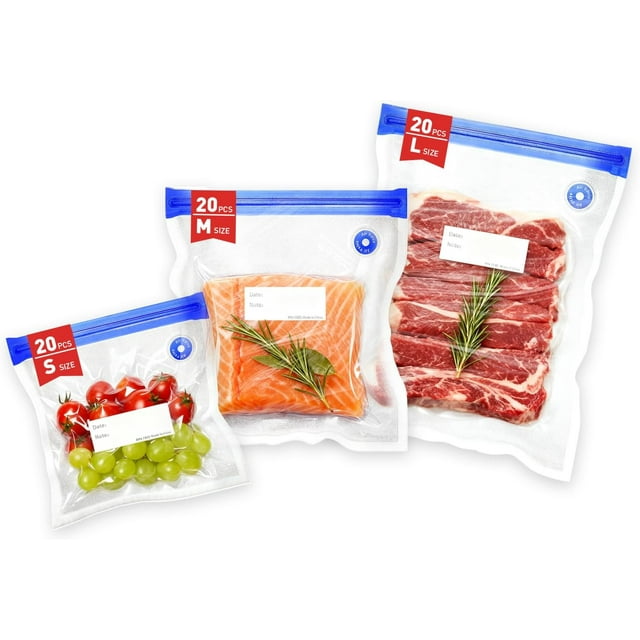 60 Pcs Sacs de Scellage sous Vide Réutilisables pour Aliments, 3 Tailles Sacs de Rangement sous Vide Sans BPA avec Pinces de Scellage et Design Étanche pour Cuisson sous Vide, Congélateur, Chauffage au Micro-Ondes