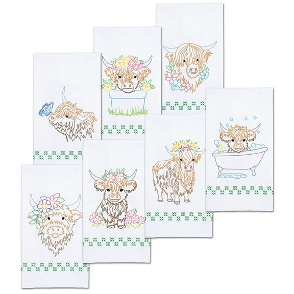 Jack Dempsey Stamped Decorative Hand Towels 17"x28" 7/Pkg-Highland Cows