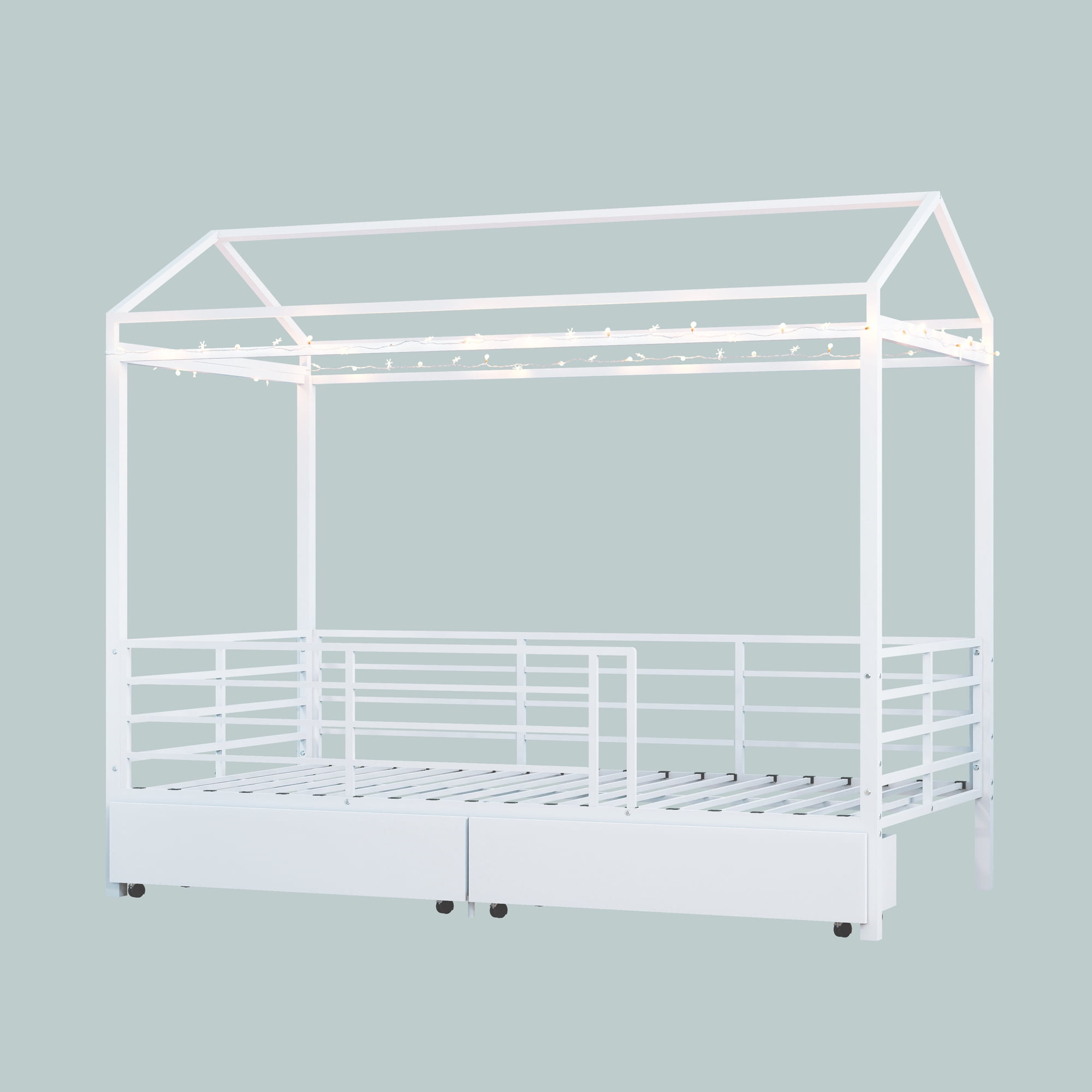 Mintazer Twin Size Metal House Bed with 2 Drawers, Kids Floor Bed with Guardrails for Boys & Girls, White