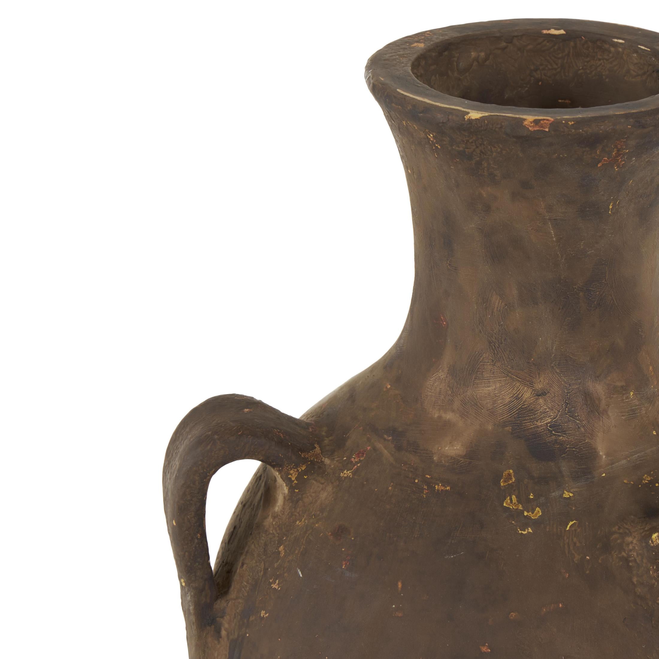DecMode 24" Antique Style Distressed Dark Brown Ceramic Vase with Handles