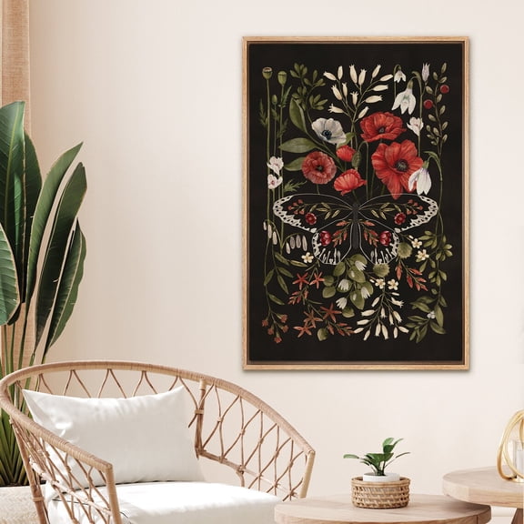 IDEA4WALL Framed Canvas Print Wall Art Set Red Wildflowers in Dark Illustration Vintage Art Country Decorative Colorful Nature Floral Artwork for Living Room, Bedroom, Office - Natural 24"x36"