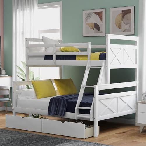 Merax Twin Over Full Bunk Bed with Two Storage Drawer, Removable Ladder and Safety Guardrail, Convertible to 2 Separated beds (White)