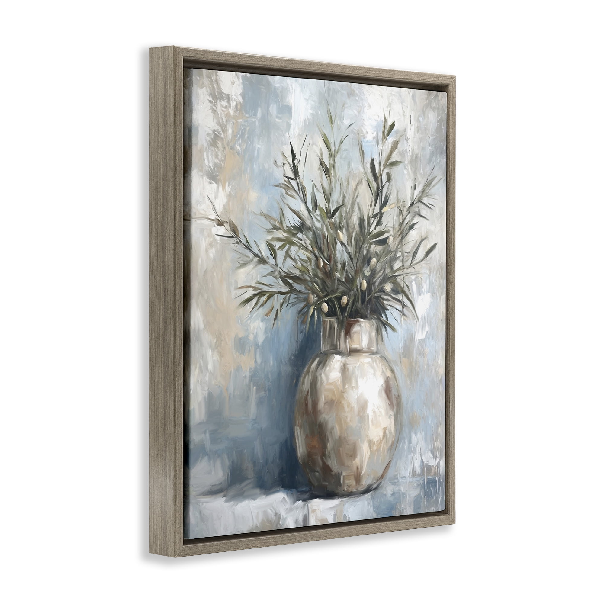 Stupell Industries Potted Olive Branches Botanical & Floral Painting Brown Floater Framed Canvas Art Print Wall Art, 17 x 21