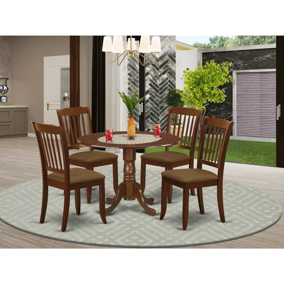 HomeStock Coastal Cottage 5Pc Dining Set Includes A Round Dinette Table With Drop Leaves And Four Vertical Slatted Linen Seat Kitchen Chairs, Mahogany Finish