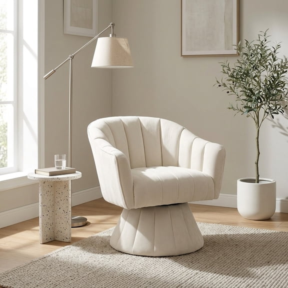 Modern Cream Corduroy Swivel Accent Chair with Channel Tufting
