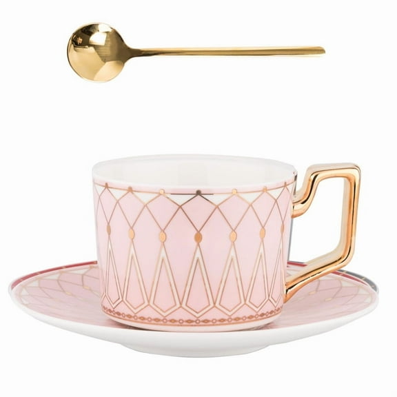 Fine Pink Porcelain Tea Coffee Cup with Saucer and Spoon, Gold Design, 220cc, Classic European Design, Mug with Golden Handle, for Cappuccino, Dessert, Latte, Mocha,Espresso, Modern Design
