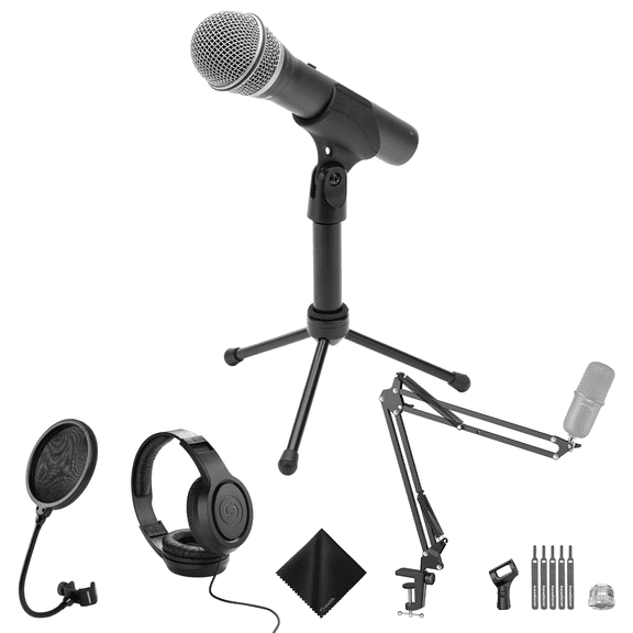 SAMSON Q2U USB/XLR Connectivity Dynamic Microphone with Accessories - PS04 Gooseneck Microphone Pop Filter, SR350 Over-Ear Stereo Headphone, Boom Arm Microphone Mic Stand & Cleaning Cloth - Bundle