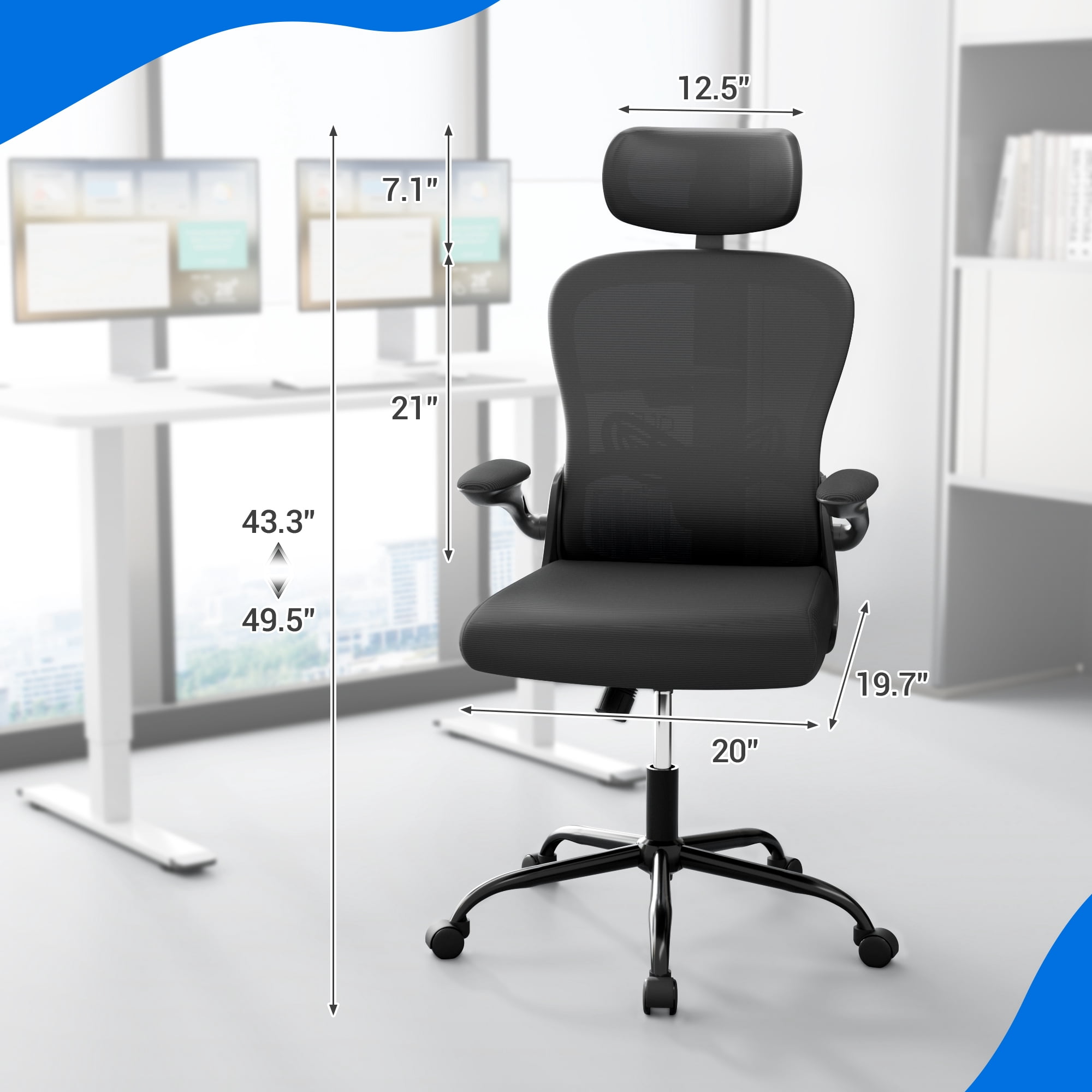 Furmax High Back Office Chair Ergonomic Mesh Desk Chair with Adjustable Lumber Support, Headrest and Flip up Armrest, Black