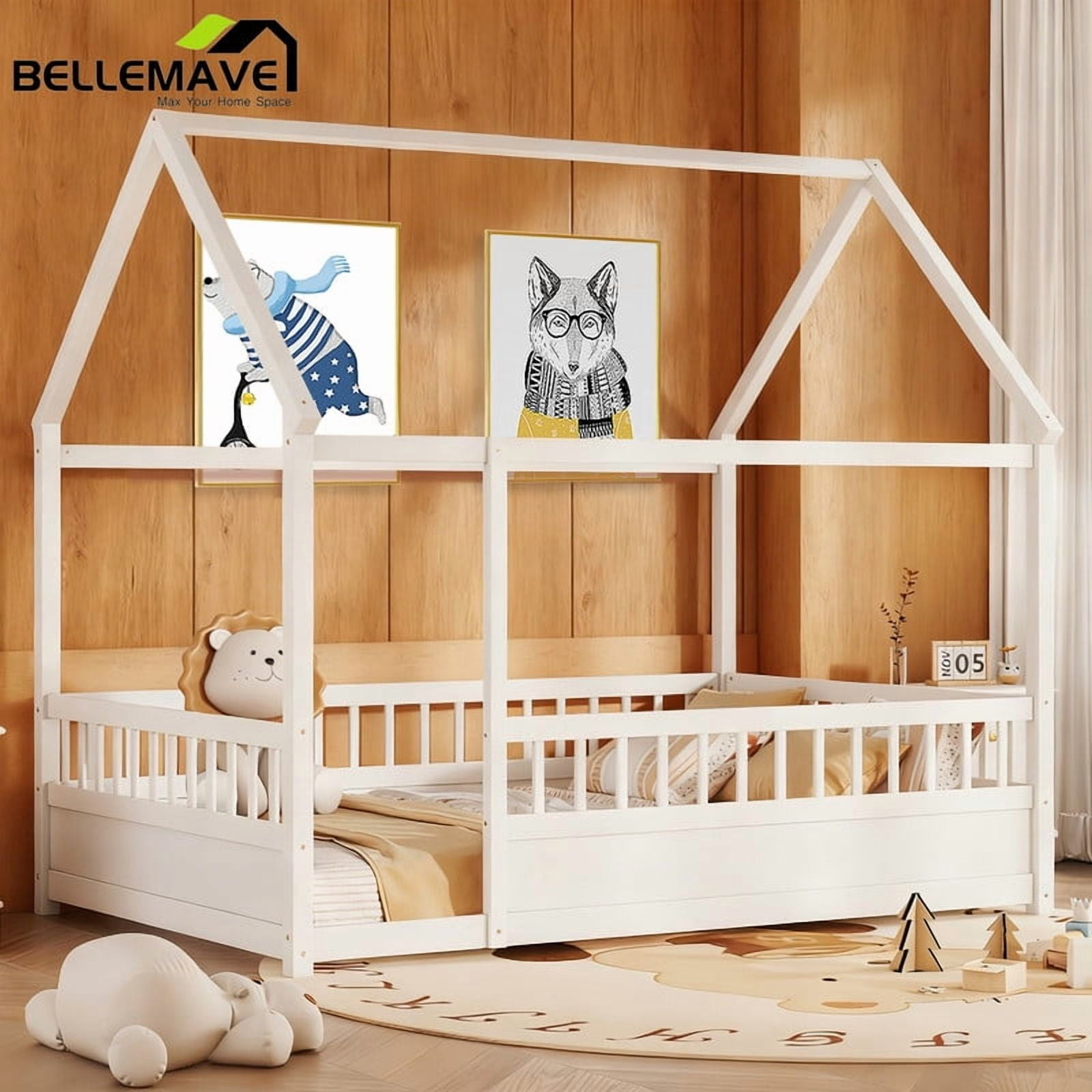 Bellemave Full Size House Floor Bed, Wood Full House Bed with Fence, Safe Playhouse Montessori Floor Bed, White