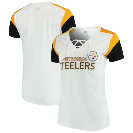 Women's Majestic White/Gold Pittsburgh Steelers Shimmer Lace-Up V-Neck
