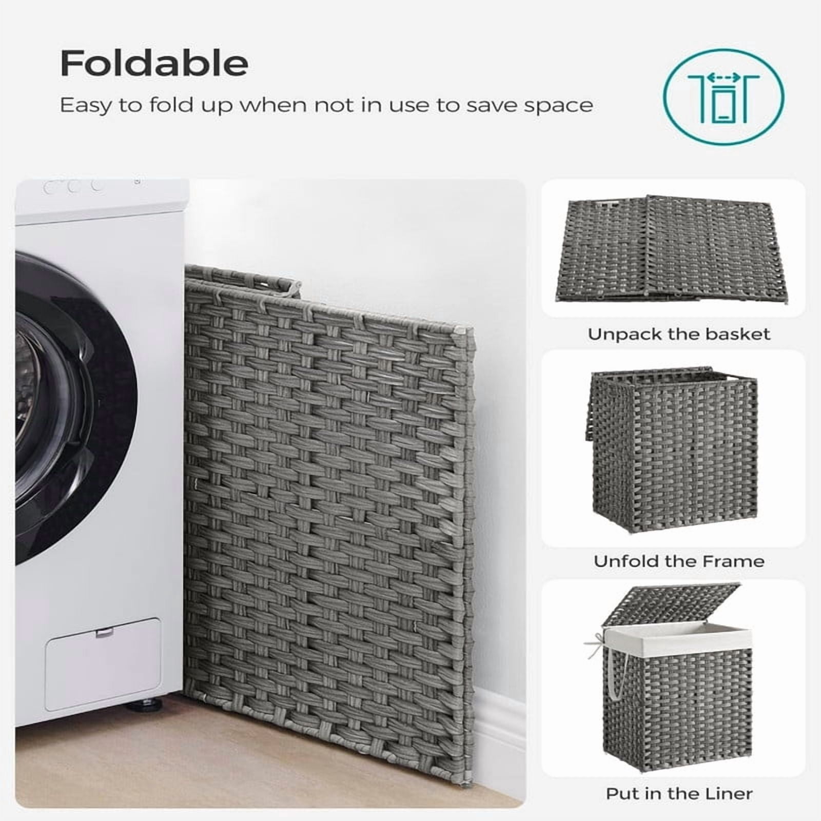 Kelno 110L Laundry Basket with Lid Foldable Rattan Clothes Hamper with Removable Liner Bag, Gray