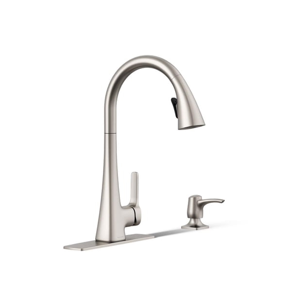 KOHLER R22867-SD-VS Maxton grifo de cocina desplegable con dispensador de jabón/dispensador de loción, grifo para fregadero de cocina con rociador desplegable, acero inoxidable vibrante