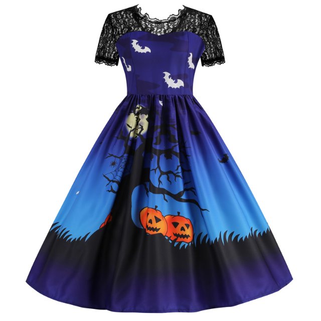 Vestido de Halloween retro de encaje, disfraces de mujer, manga corta, años 50 y 60, vestidos de fiesta vintage, ropa de Halloween aterradora con calavera y bruja para Cosplay