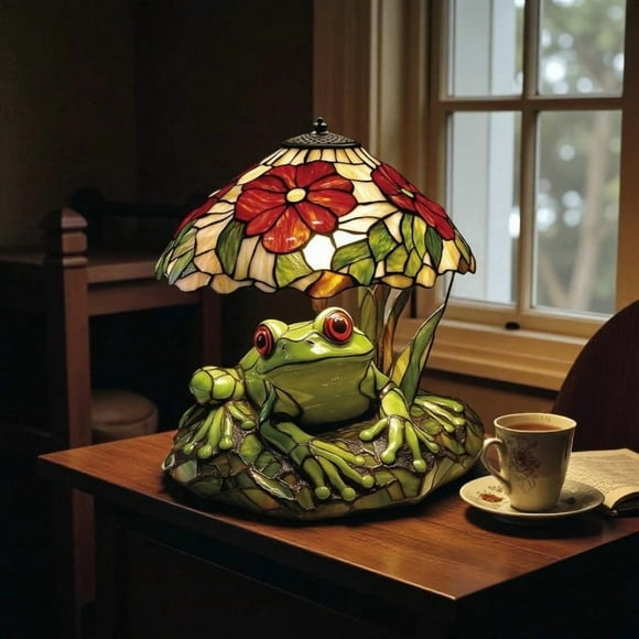 Qonioi Frog & Flower Stained Glass Lamp, Handcrafted Floral Table Lamp with Sculpted Frog Base, Nature-Inspired Decor with Lily Pad Accents for Bedroom Living Room Reading Nook