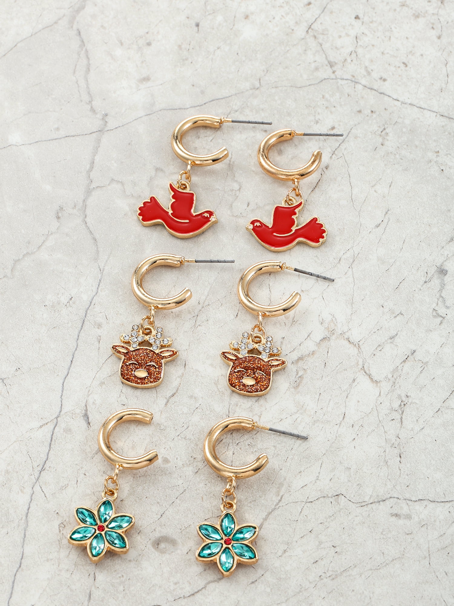 Holiday Time Goldtone Hoop and Christmas Charm Earrings, 3 Pairs