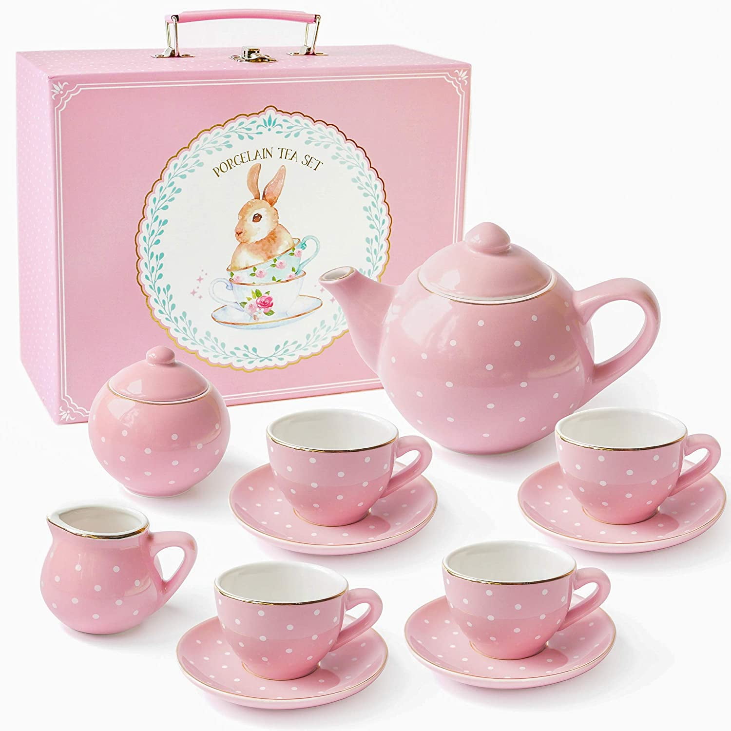 Jewelkeeper Porcelain Tea Set for Little Girls, Pink Polka Dot, 13 Pieces - Walmart.com