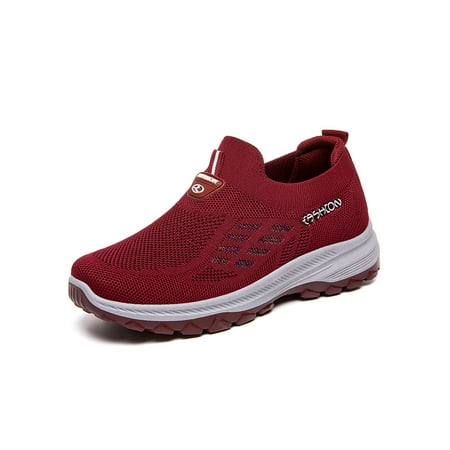 

Daeful Ladies Casual Shoe Comfort Walking Shoes Non-Slip Sock Sneaker Sports Knit Upper Lightweight Slip On Flats Red 6