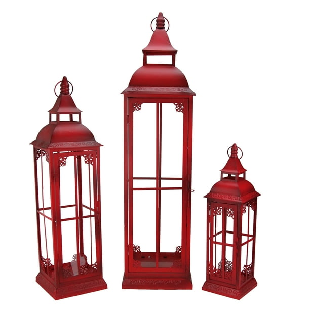 Set of 3 Red Weathered Metal & Glass Pillar Candle