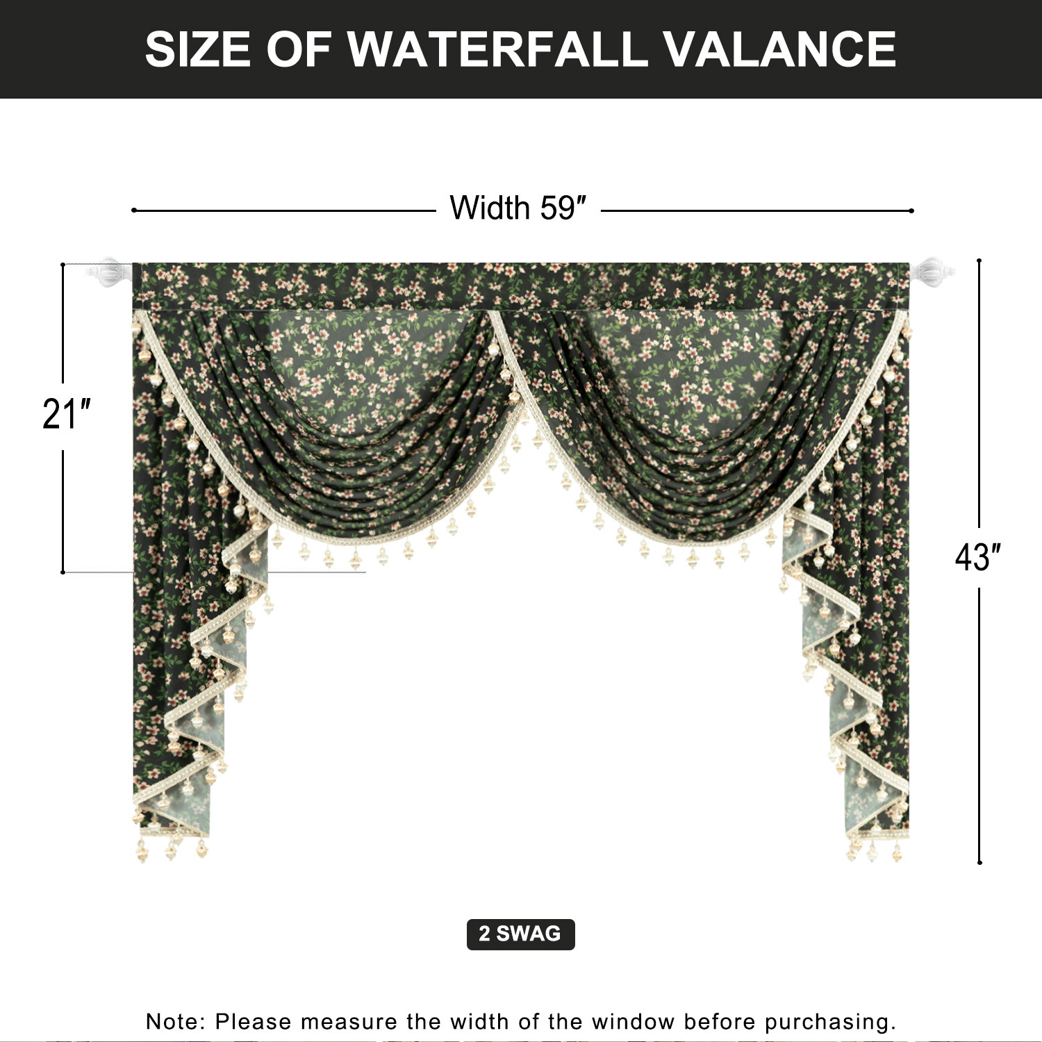 VOGOL Waterfall Valance 59" Wide Pink Cherry Blossoms on Black Sheer Voile, Farmhouse Vintage with Beaded Tassels