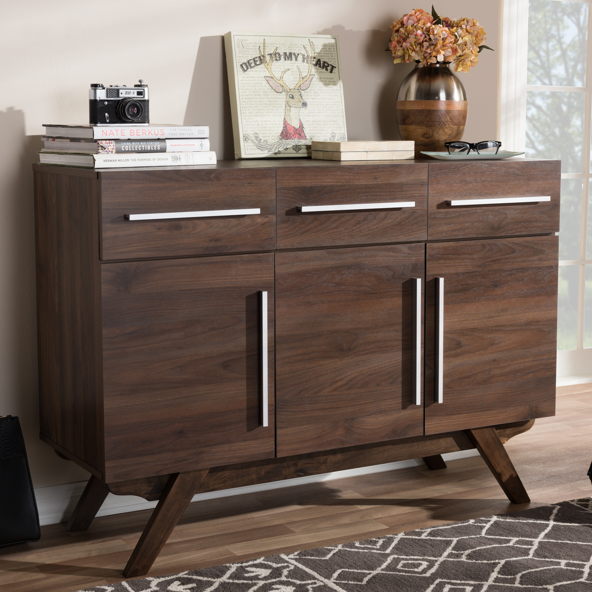 Baxton Studio Ashfield Mid Century Modern Walnut Brown Finished Wood 3 Drawer Sideboard