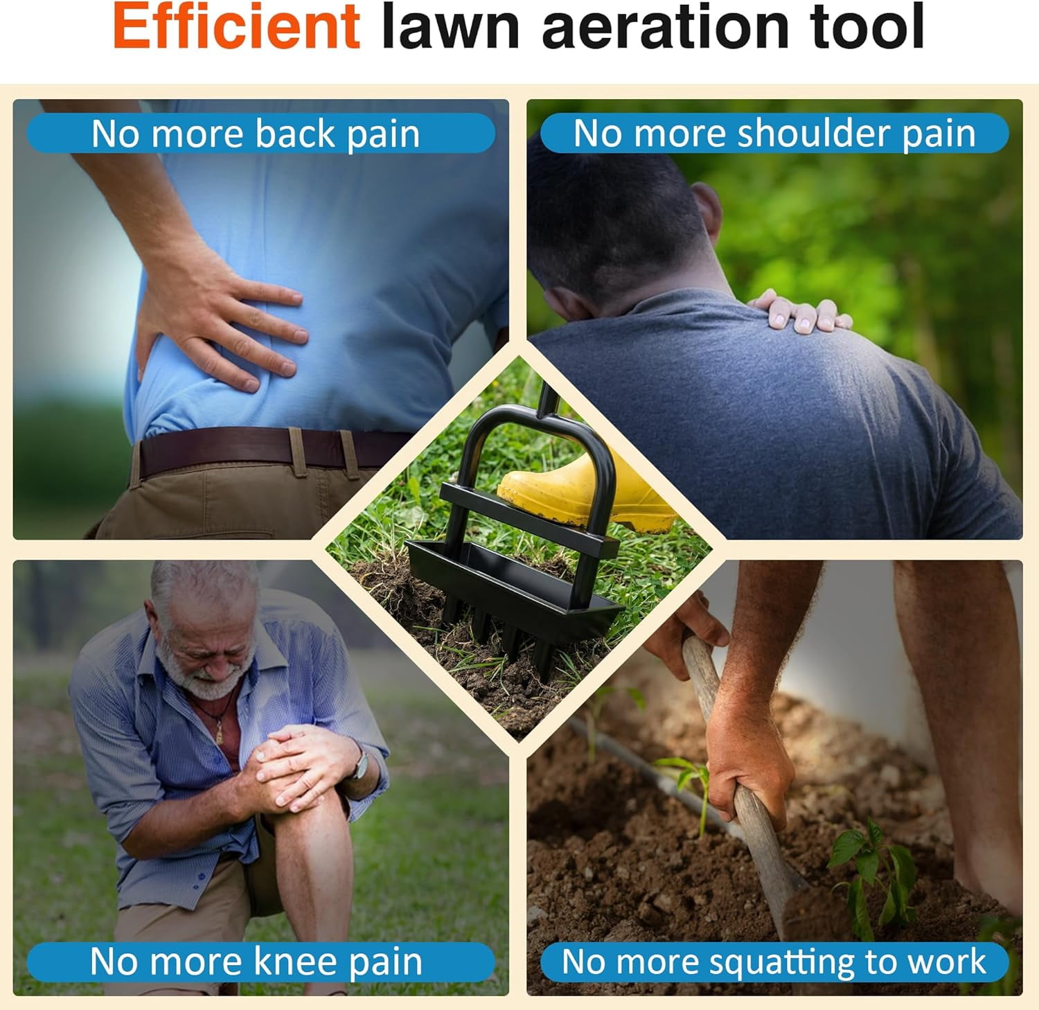 JouZYA Lawn Core Aerator Tool with Soil Core Collection Tray, 4 Tines Manual Grass Aerator, Spike Lawn Coring Aerator for Yard Lawn Aeration Soil Loosening Garden Tool, Coral