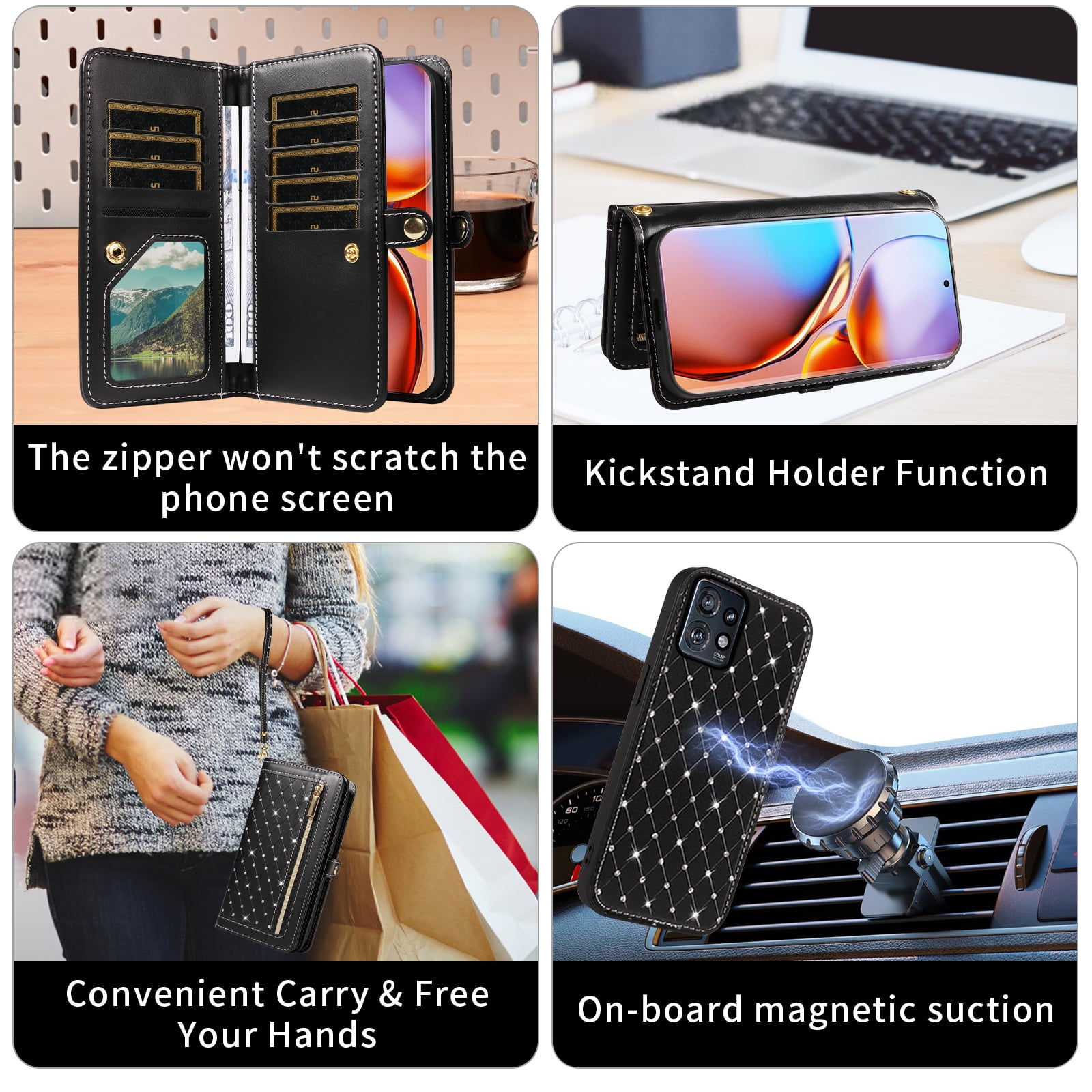 Phone Case for Motorola Edge+ Plus 2023/Edge 40 Pro 5G/Moto X40 Zipper Wallet Detachable Cell Cover with Tempered Glass Screen Protector Crossbody Lanyard Strap Glitter Flip Card Holder Slot Black