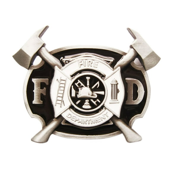 Antique Brushed Silver Enamel Firefighter FD Cross Belt Buckle