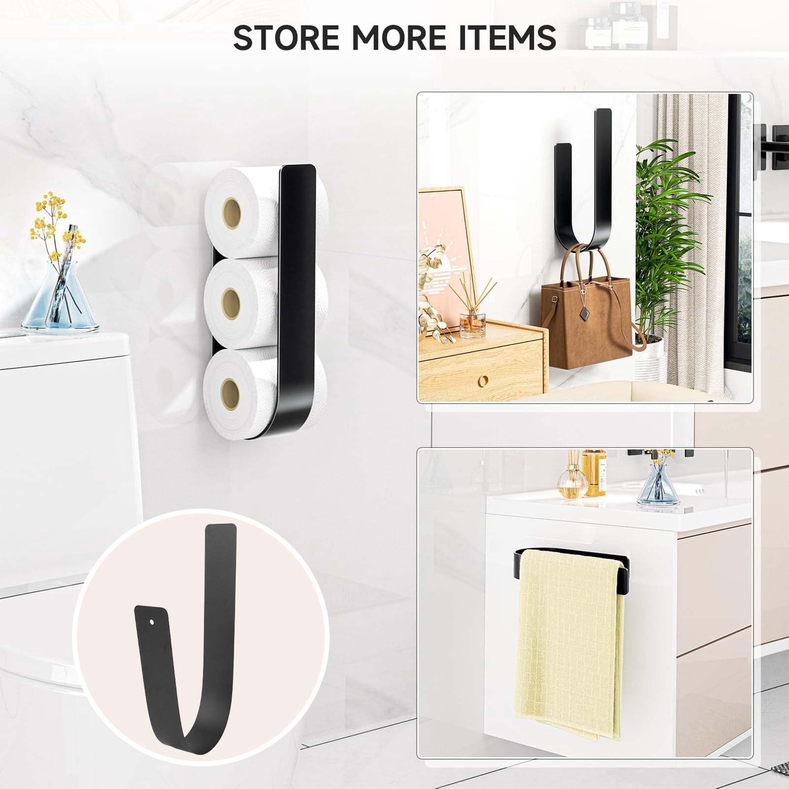 BIMZUC Toilet Paper Storage Wall Mount Iron Space Saving Stylish Look Multifunctional Toilet Paper Holder Stand Organizer For Bathroom Decor No Drilling Required Heavy Duty Metal Rack