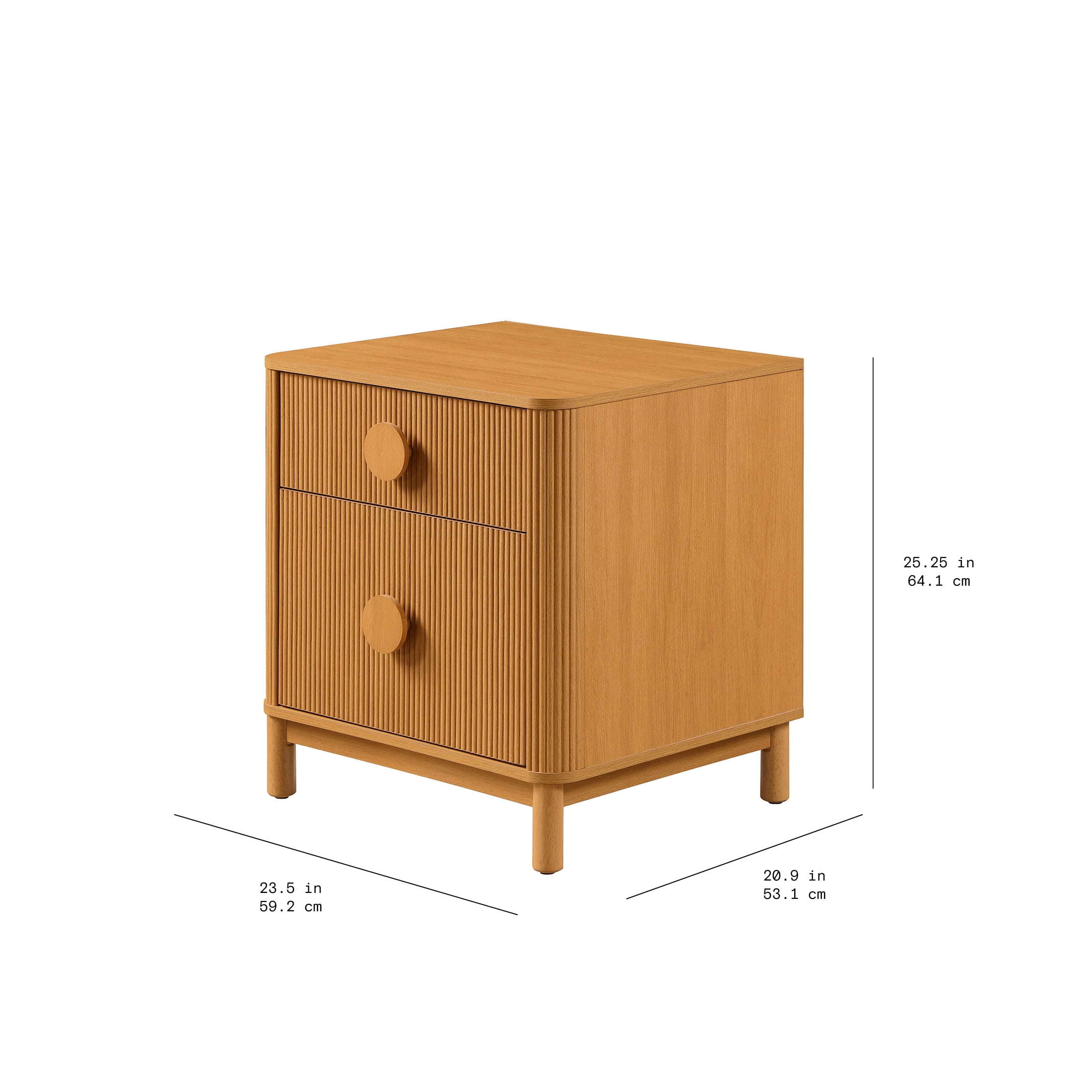 Beautiful 2-Drawer Fluted Nightstand with Teched Away by Drew Barrymore, Warm Honey Finish, Adults and Teens