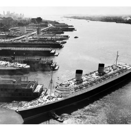 High angle view of a cruise ship at a harbor RMS Queen Elizabeth II Hudson River New York City New York State USA Poster