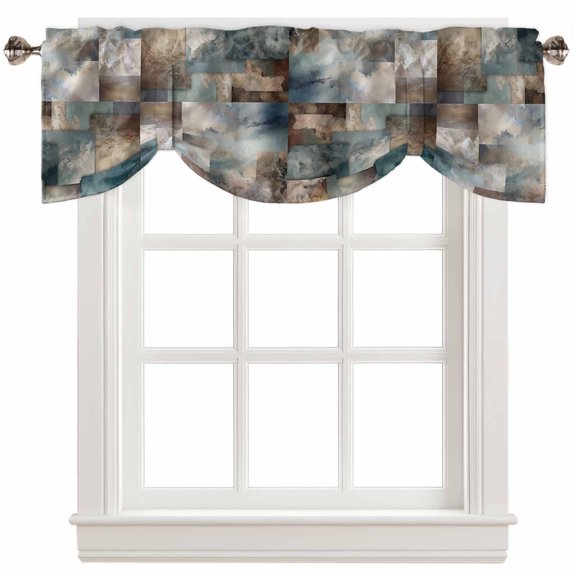 Fsddascl Blue Brown Geometric Tie Up Valance Curtains for Windows, Kitchen Curtains Window Treatments, Modern Ombre Abstract Art Short Window Shades Valances for Bedroom Bathroom Cafe 42"x12"
