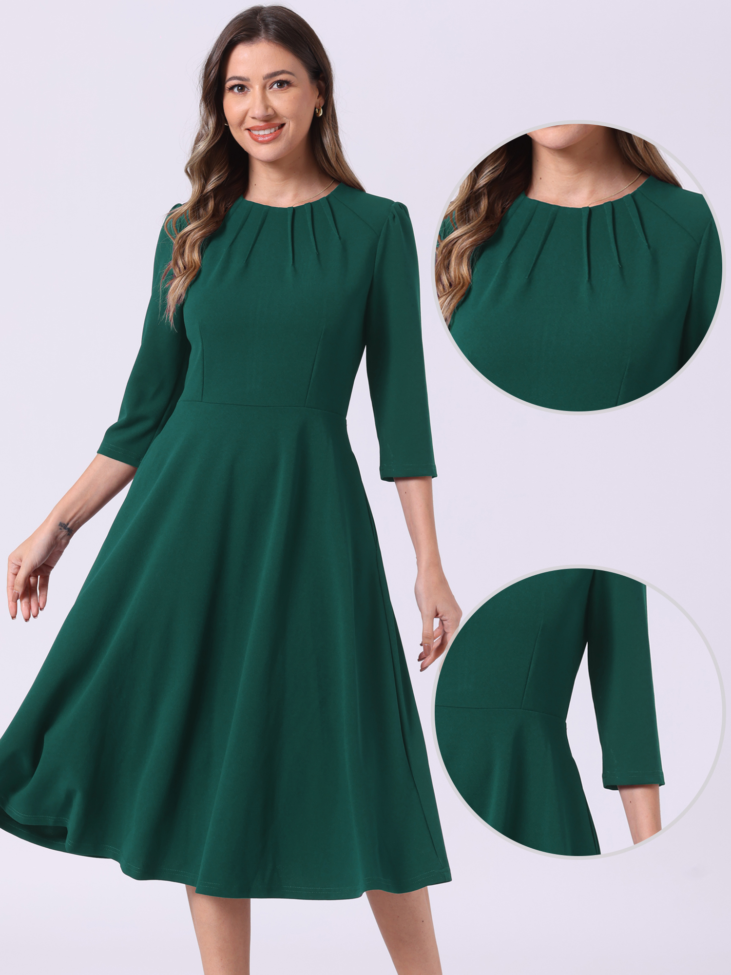 DARING DIVA 3/4 Sleeve A-Line Midi Work Dress XS Dark Green