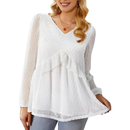 NANAHuang Women s Flowy Ruffle Chiffon Tops V-Neck Swiss Dot Sheer Long Puff Sleeve Blouse Loose Babydoll Shirts