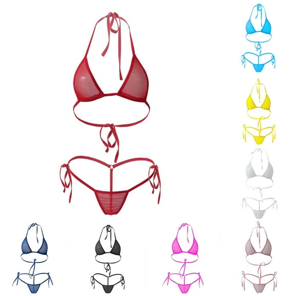 UTSJKR Sexy Bikini Underwear Women's Three-Point Swimsuit Suit Transparent Mini lace up Thong Sheer Mesh Halter Bikini Sets Hot Pink Free Size