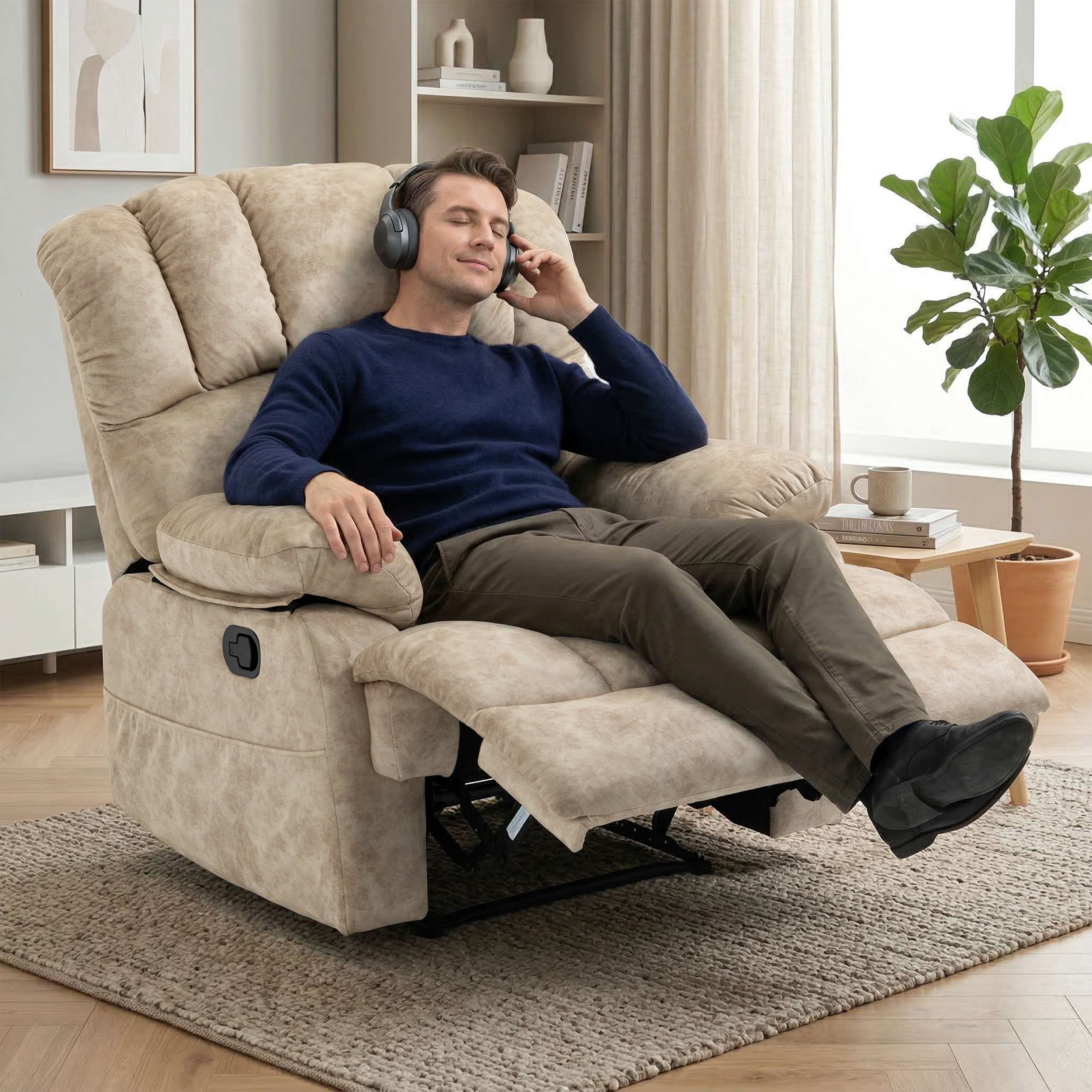 Trustyue  Manual Recliner Chair with Footrest, 40" Wide Push Back Recliner Chair with Three Position and Two Side Pockets, Velvet, Beige