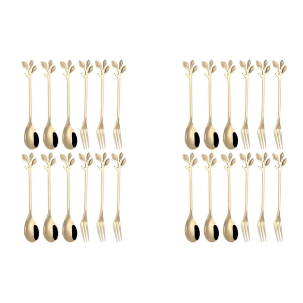 Juego de Cucharas Y Tenedores de Postre de 24 Piezas Cuchara Mezcladora de Acero Inoxidable Tenedores para Pasteles