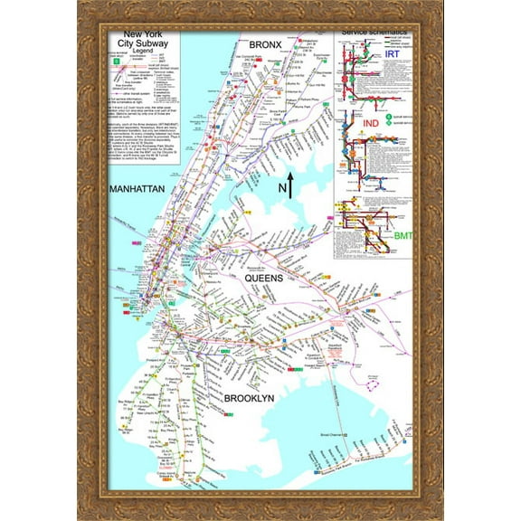New York City Subway Map 28x40 Large Gold Ornate Wood Framed Canvas Art