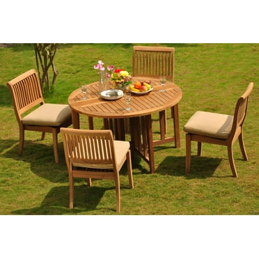 Teak Dining Set:4 Seater 5 Pc - 52" Round Table And 4 Stacking Leveb Arm Chairs Outdoor Patio ...
