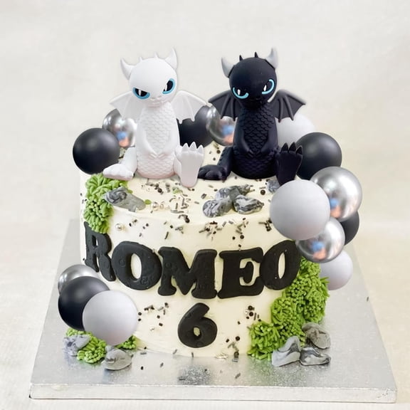 How to Train Your Dragon Toothless and Light Fury Birthday Cake - Customizable Name and Age Dinosaur Figurine Set, Kids' Animation Theme Decorative Accessories