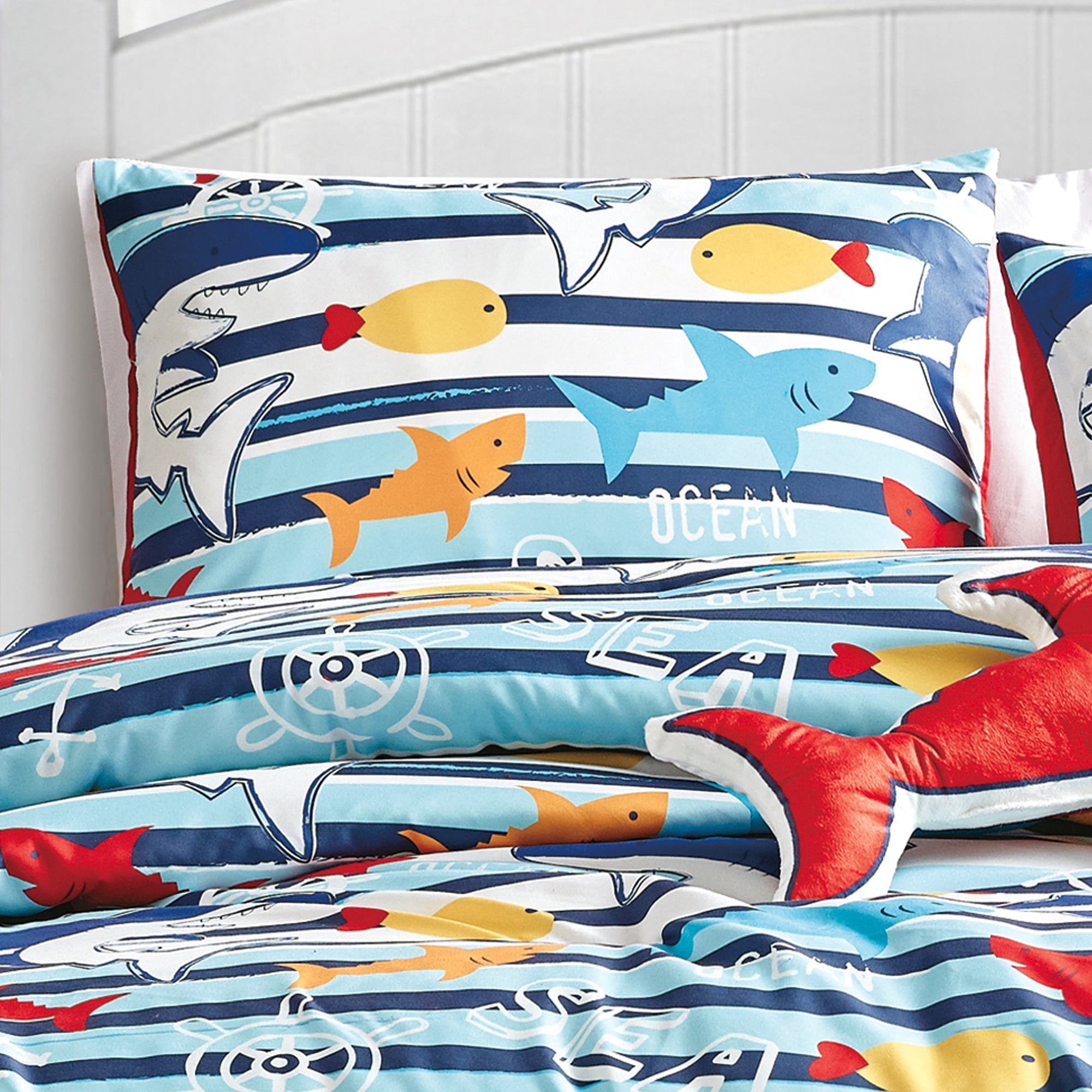 EvJK 3-4PC KID COMFORTER – Soft & Cozy Premium Print Comforter with Coordinated Shams and Toy Pillow – Ocean Life Pattern, Twin