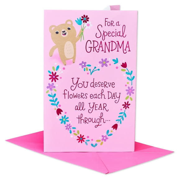 American Greetings Mother's Day Card for Grandma, Bear and Floral Garden Illustration, Includes Envelope