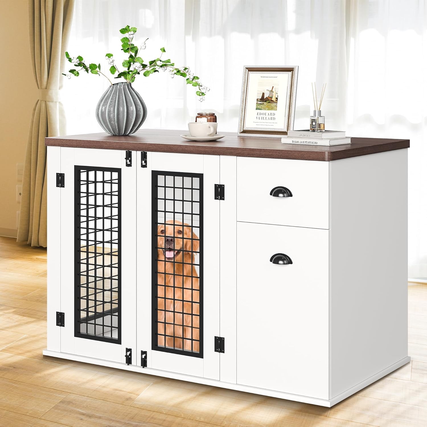 44 inch Dog Crate Furniture, Heavy Duty Wooden Pet Kennel with Drawers & Side Cabinets, Decorative Dog Crates for Small Medium Large Dogs, White