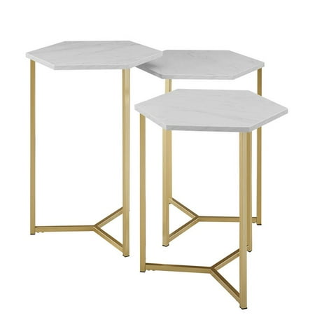 Spread Table Base - Hex Nesting Tables with Faux White Marble Top and Gold Base