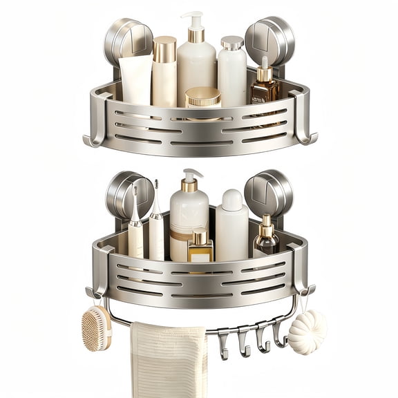 DEKEones 2 Pack Suction Cup Corner Shower Caddy, Stainless Steel No Drill Bathroom Corner Organizer with Towel Hooks & Hanging Bar, Rust Proof Wall Mount Shower Storage Shelves for Bathroom Toilet Tu