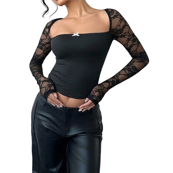 Women's Floral Lace T Shirt Square Neck Long Sleeve Fitted Y2k Crop Tops