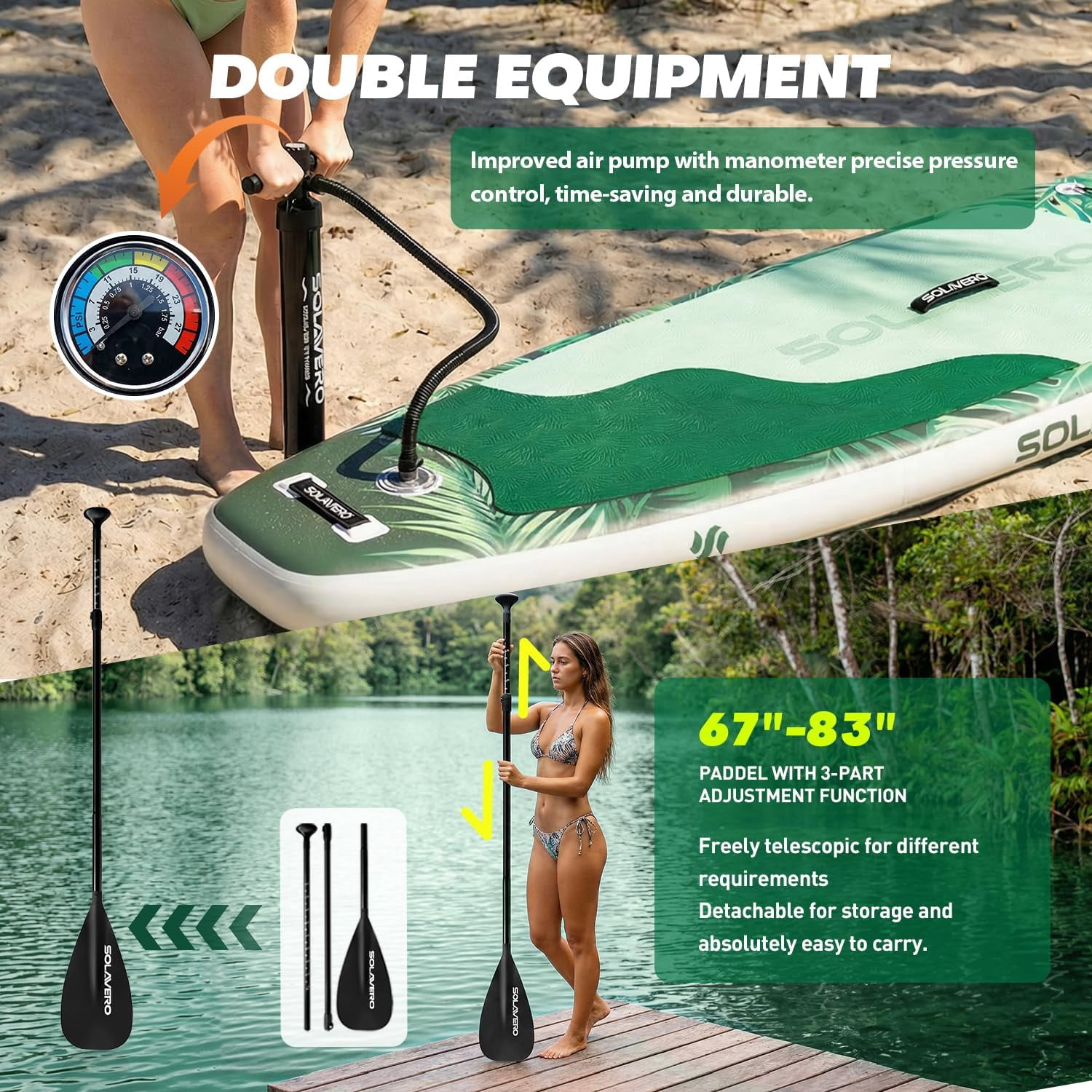 SOLAVERO Inflatable Stand Up Paddle Board with SUP Accessories, Anti-Slip EVA Deck, 11'×33" Blow Up Paddle Board Adults & Youth