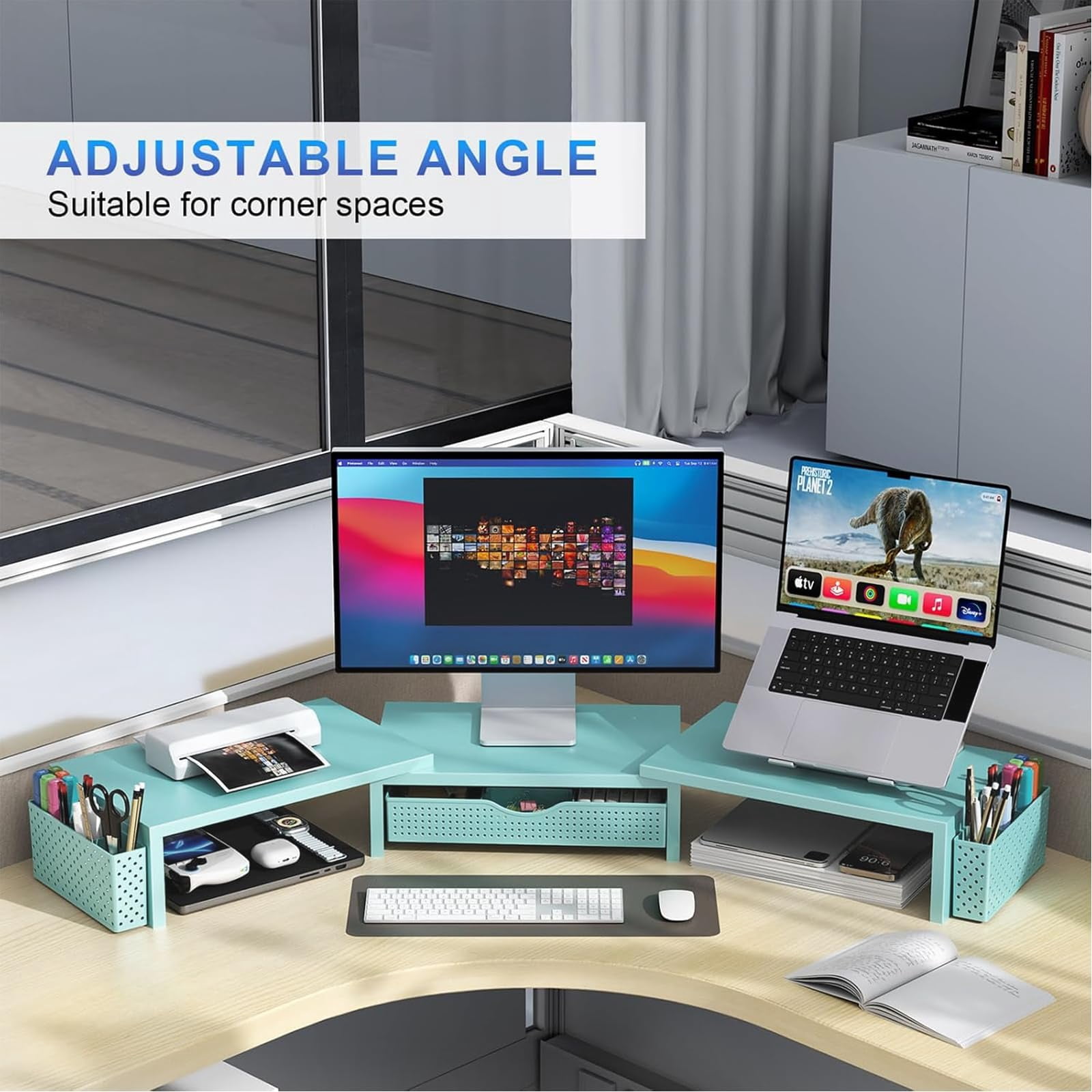 Dual Monitor Stand Riser  Desk Organizer With Drawer And 2 Pen Holders For Office Decor (blue)