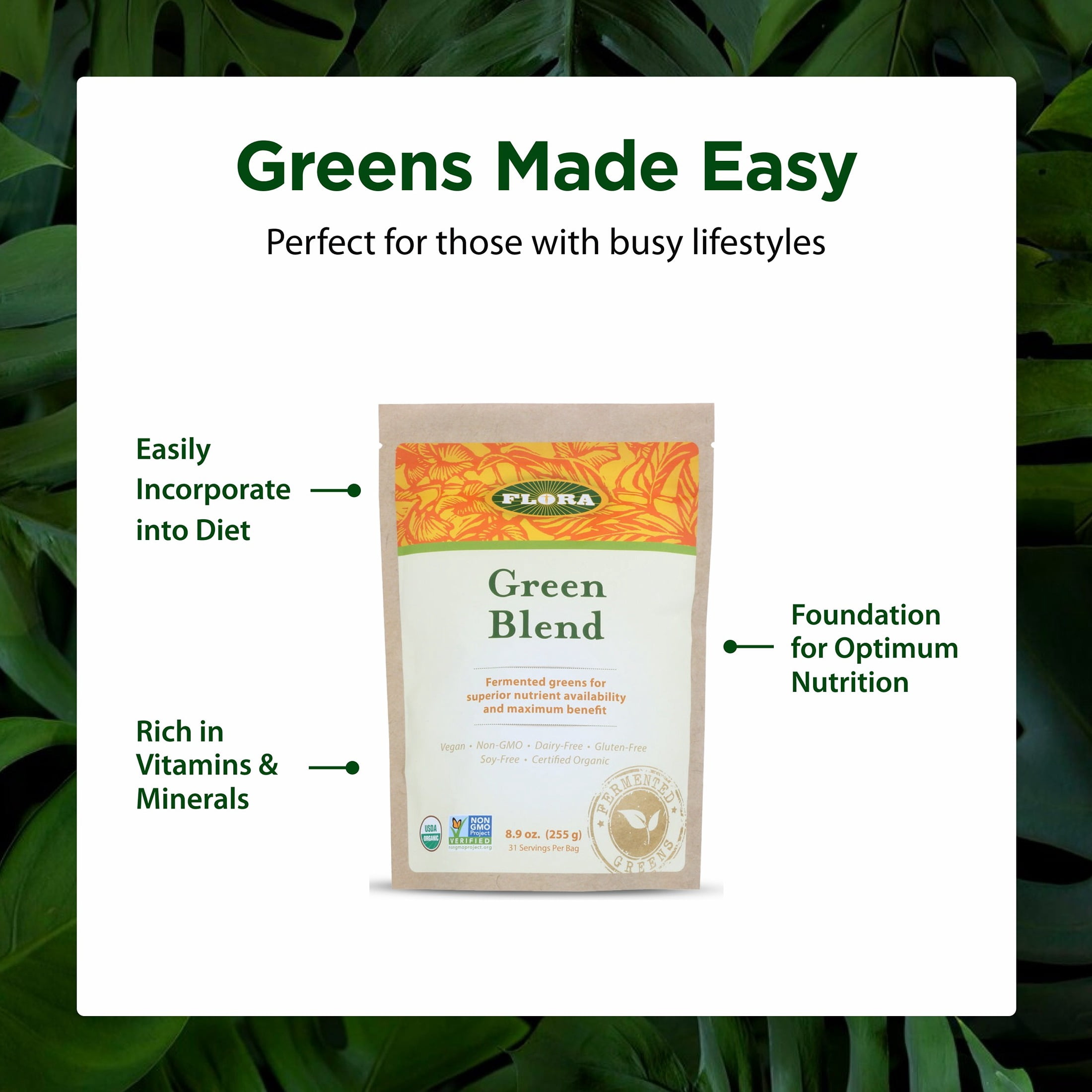 Flora - Green Blend Fermented Grasses, Whole Foods and Superfoods, Same Nutrients as Juicing without The Mess, Antioxidant Rich with Kale and Broccoli, 8.9-oz. Powder