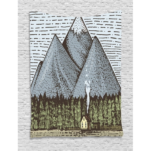 Mountain Tapestry, Sketchy Art of Mountain Range with a Small Country House Vintage Look, Wall Hanging for Bedroom Living Room Dorm Decor, 40W X 60L Inches, Slate Blue Green Taupe, by Ambesonne